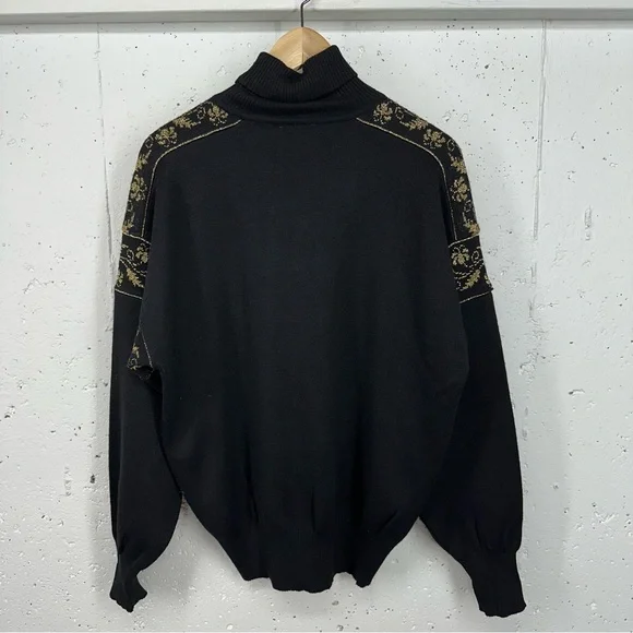 Vintage David Meister Large Wool Blend Black Metallic Gold Turtleneck Sweater - Picture 6 of 15